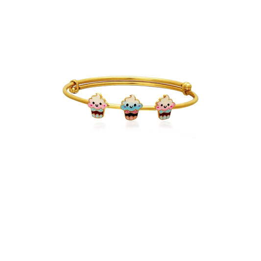 Kids Adjustable Gold Kada with three cute Cupcake Charms Silver